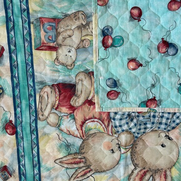 Handmade Baby Blanket Quilt Bunnies Rabbit Balloons Activity Play Mat 33x43 Inch - Picture 8 of 13